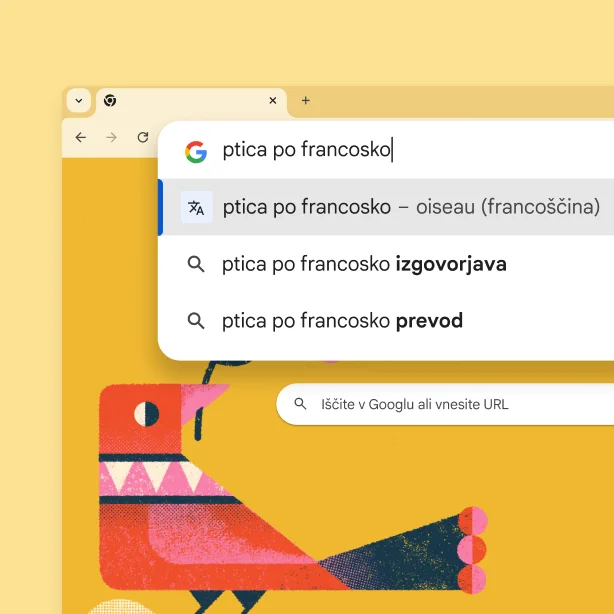 Stran Iskanja Google s sliko ptice in iskanjem »Bird in French« (ptica v francoščini) z rezultatom »oiseau«