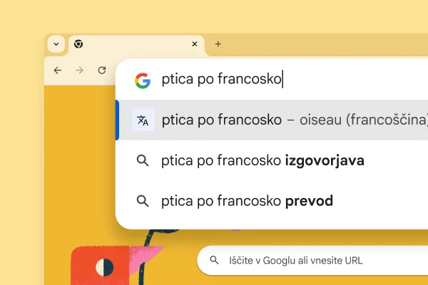 Stran Iskanja Google s sliko ptice in iskanjem »Bird in French« (ptica v francoščini) z rezultatom »oiseau«